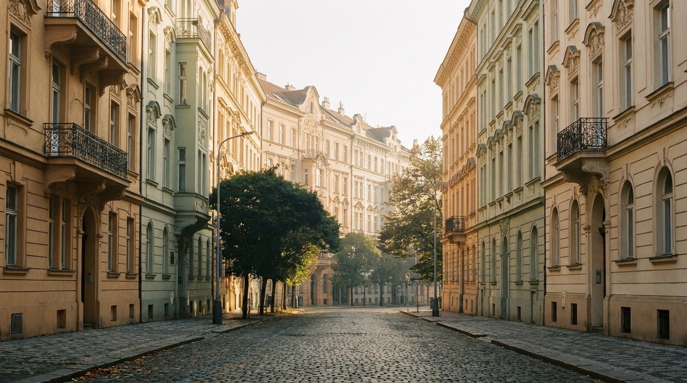 Secesní fasády rezidenční ulice na pražských Vinohradech za zlaté hodiny